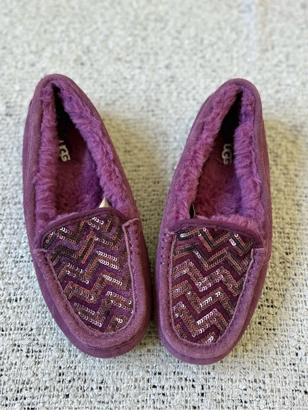 UGG Women's Purple Sequin Slip-On Moccasin Slippers Size 7